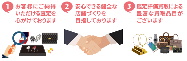 ①お客様にご納得いただける査定を心がけております ②安心できる健全な店舗づくりを目指しております ③鑑定評価買取による豊富な買取品目がございます